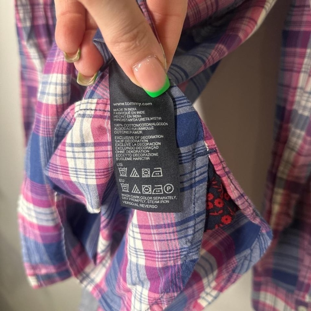 Tommy Hilfiger long-sleeve Pink and blue plaid button-up shirt LARGE Preppy Y2K - Picture 5 of 8